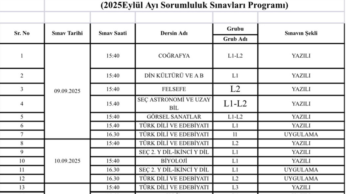 Eylül 2025 Sorumluluk Sınavları Takvimi